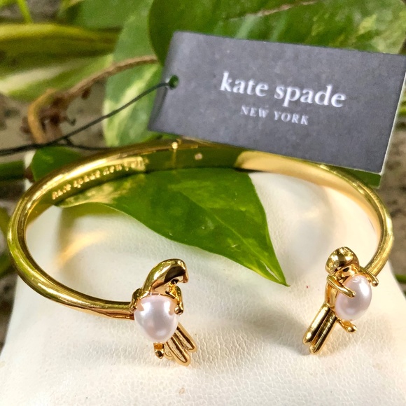 Kate Spade Gold Pearl LOVE BIRD Bracelet⭐️NEW W/TAG Hinge Spring Scene Bird CUFF - Picture 2 of 14